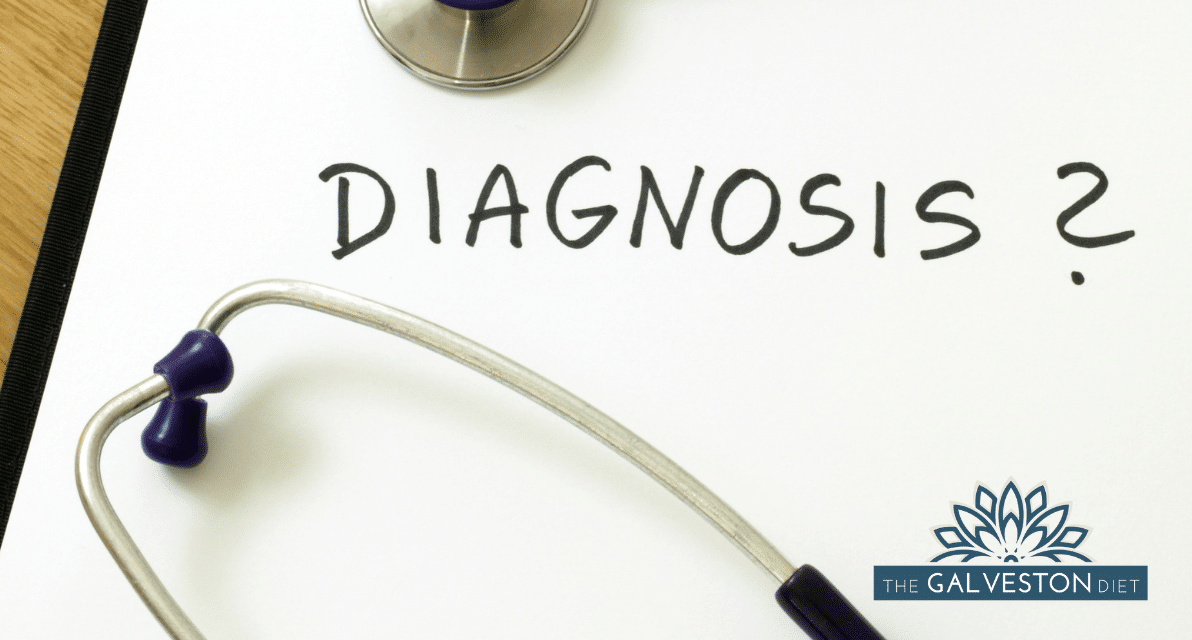 Doctor's notepad with the "Diagnosis?" written on it in black all caps. Stethoscope lies on top of the pad.