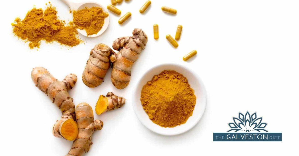 White background with turmeric in multiple forms, fresh, ground and in capsules.